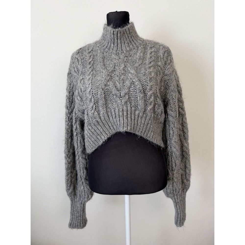 Zara Cable Knit Cropped Sweater Gray Mock Neck Balloon Sleeve Size M Soft Cozy